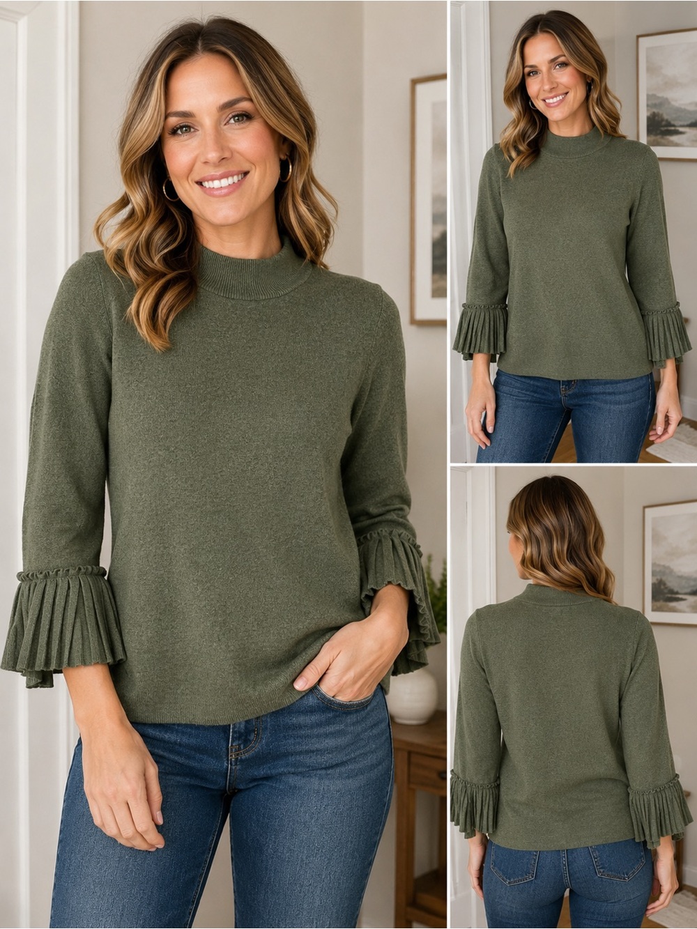 LOFT Outlet Sweater Women’s Small Olive Green Mock Neck Pleated Bell Sleeve Knit
